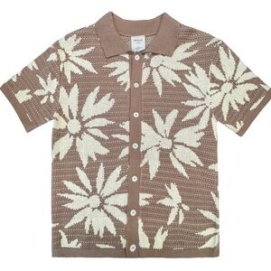 Taupe Floral Button Down Shirt Lightweight Resort Wear